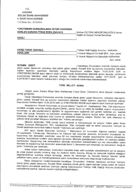 Yargı 5 Yıl Nakil Yasağını Aile Bütünlüğüne Aykırı Buldu