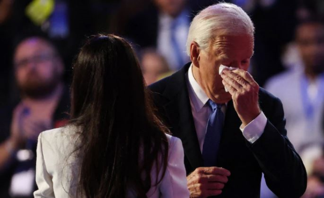 Joe Biden crying while giving a speech at the Democratic National Convention