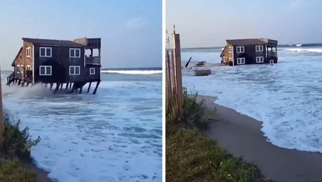 The house, which was admired by onlookers, succumbed to the giant waves.