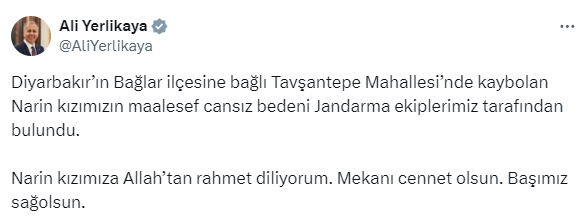 Detail that catches attention in Minister Yerlikaya's message about Narin! No condolences to the family