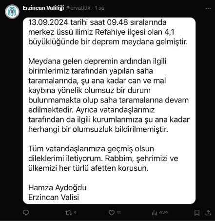 Earthquake with a magnitude of 4.1 in Erzincan! Citizens experienced moments of panic