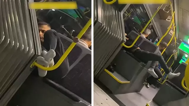 Hooligan in the metrobus! He took off his shoes and lay down on a 3-person seat.