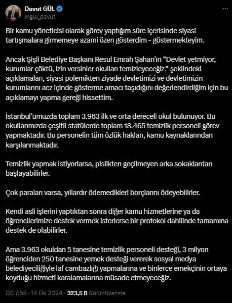 Response from Istanbul Governor to Şişli Mayor