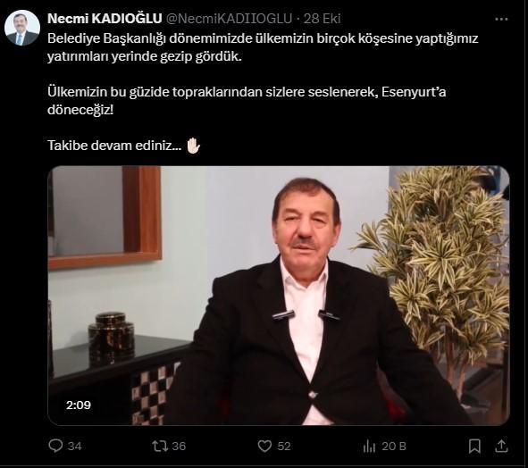 A striking post from Necmi Kadıoğlu, the former mayor of Esenyurt