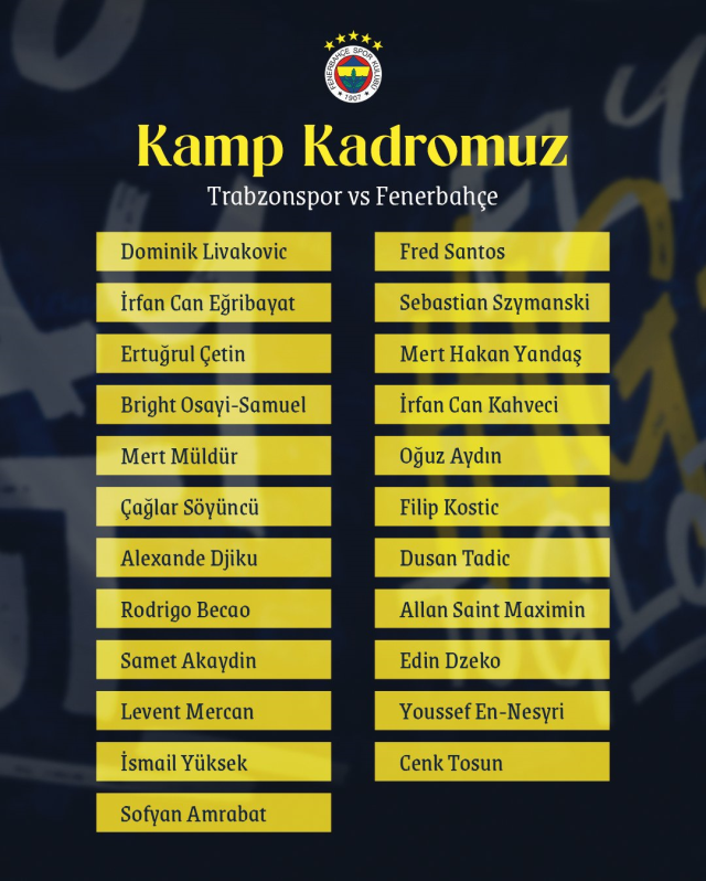 Fenerbahçe's squad for the match against Trabzonspor has been announced