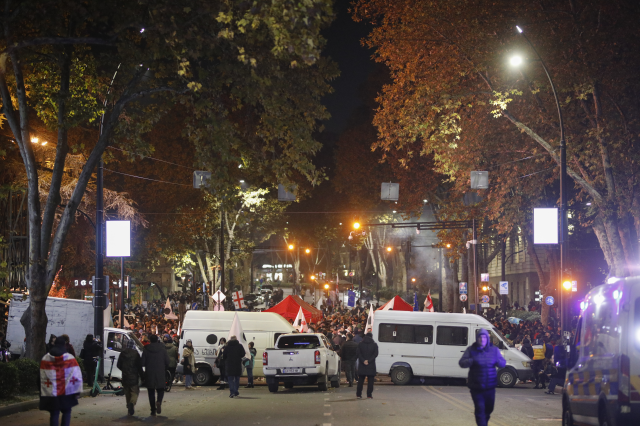 Police intervention against protesters blocking the road and setting up tents in Georgia