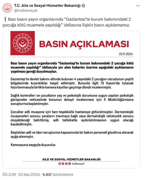 Allegation of torture against children in a care home in Gaziantep: 1 person detained