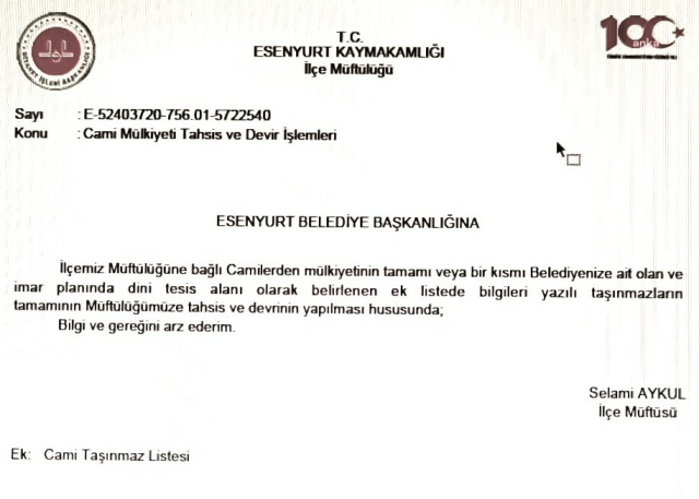 The trustee of Esenyurt transferred the ownership of 37 mosques to the mufti's office