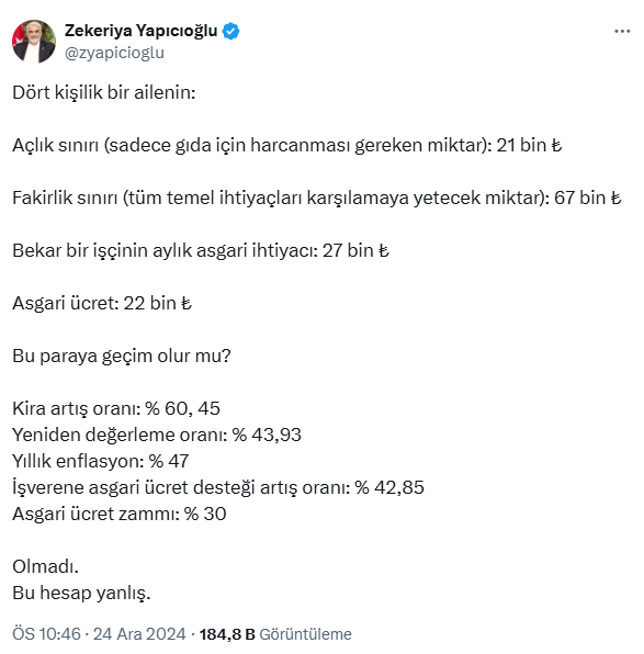 HÜDA PAR leader Yapıcıoğlu also reacted to the new minimum wage