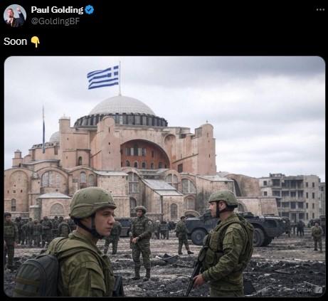 Brazen post from the British leader: Greek flag over Hagia Sophia