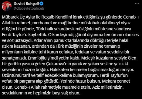 Condolence message from Bahçeli for Ferdi Tayfur: It took a part of me away