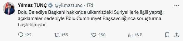 An investigation has been initiated regarding Bolu Mayor Tanju Özcan