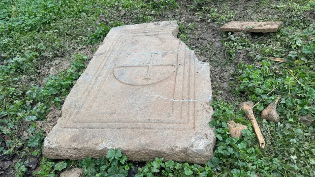 A sarcophagus was found attached to the farmer's plow while plowing the field