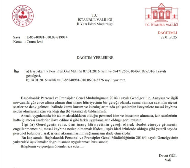 Warning from the Istanbul Governorship to public institutions regarding 'Friday prayer'