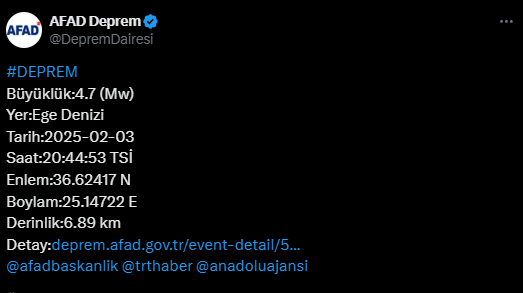 Earthquake with a magnitude of 4.7 in the Aegean Sea