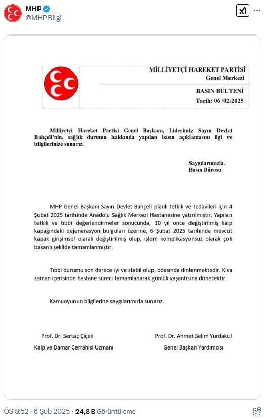 The heart valve of MHP leader Devlet Bahçeli has been changed