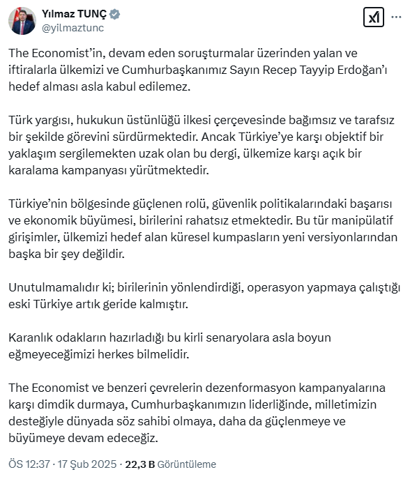 Minister Tunç's reaction to The Economist's scandalous article