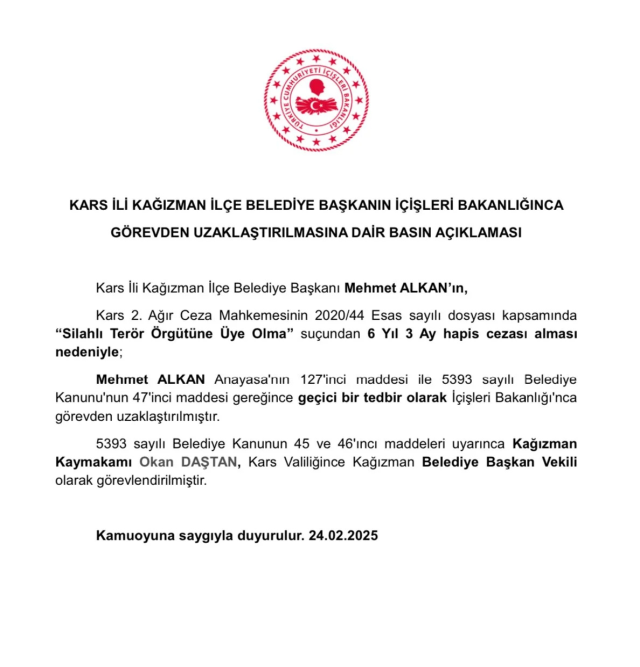 A trustee has been appointed to Kars Kağızman Municipality