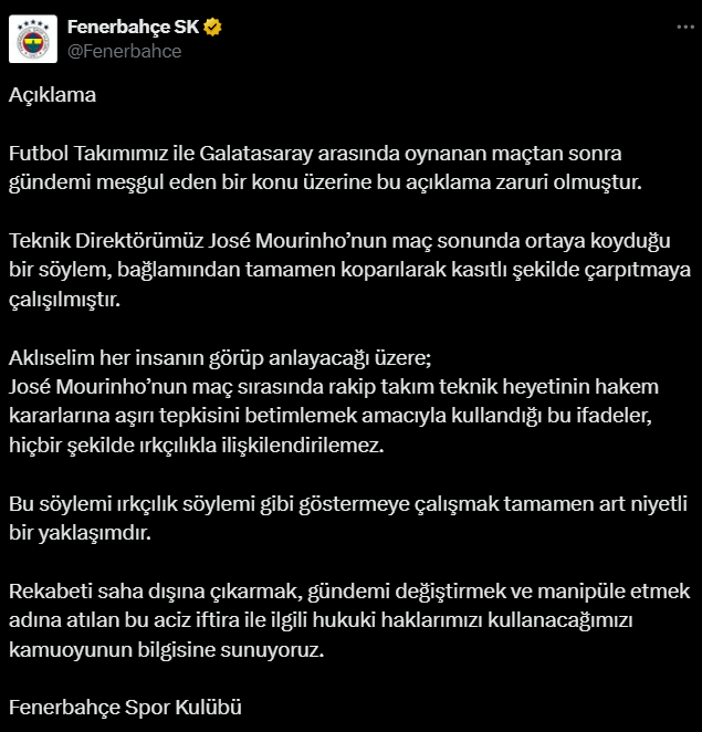 Fenerbahçe's response to Galatasaray regarding Mourinho