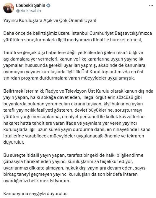 Warning from RTÜK President to İmamoğlu