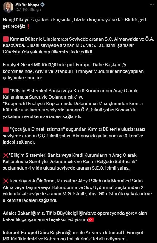 Ali Yerlikaya: Four individuals wanted with a red notice have been captured and returned to Turkey