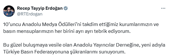 The media awards found their recipients! President Erdoğan thanks the Turkey Press Federation
