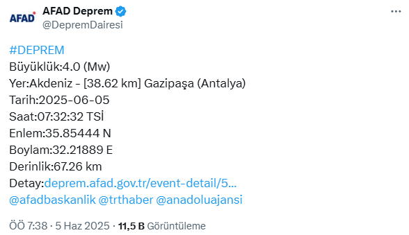 Earthquake of magnitude 4 in Antalya