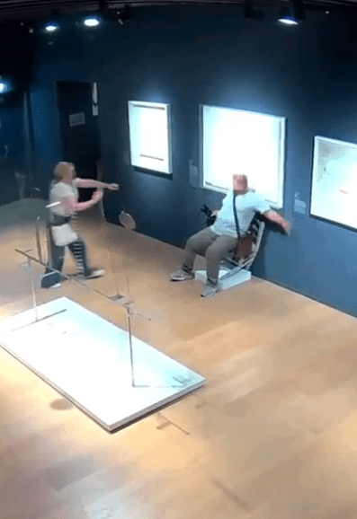 The tourist broke the crystal chair he sat on to take a photo