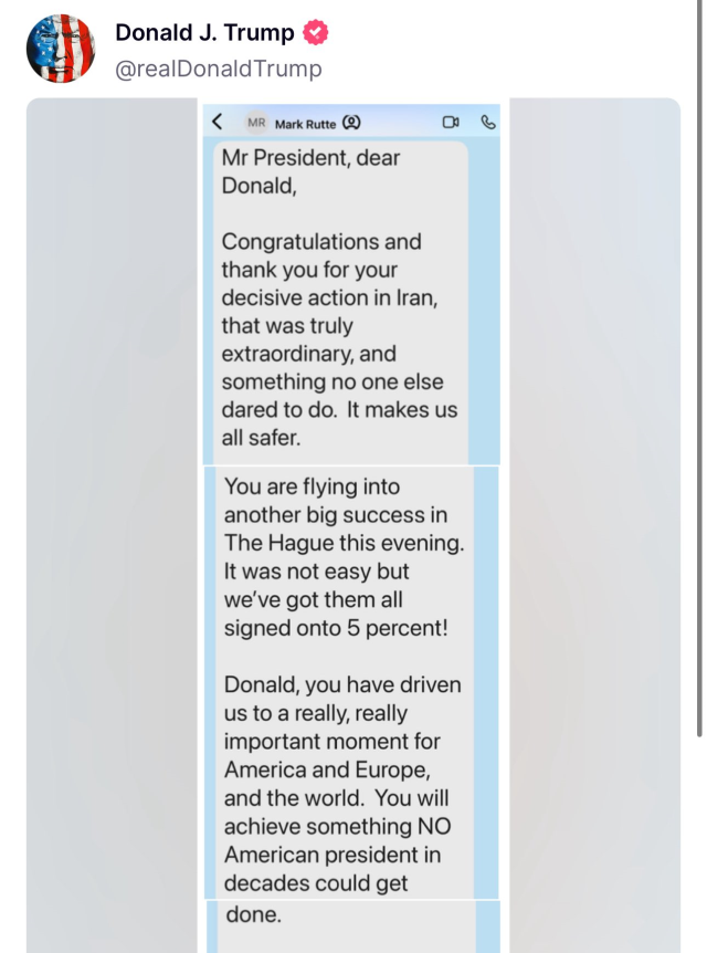 Trump revealed the congratulatory message sent to him by NATO Secretary General Rutte