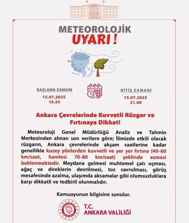 Warning of strong winds and storm from the Ankara Governorship