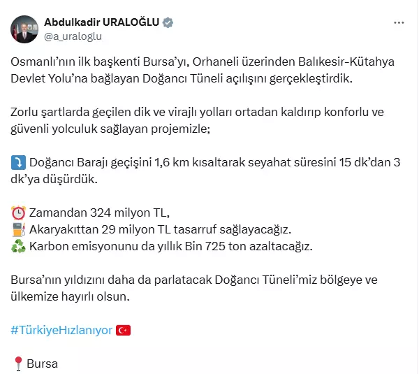 Doğancı Tunnel opened: Travel time reduced from 15 minutes to 3 minutes