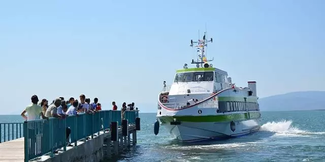 The pier where a sea bus used to dock in Lake Iznik is now stranded on land