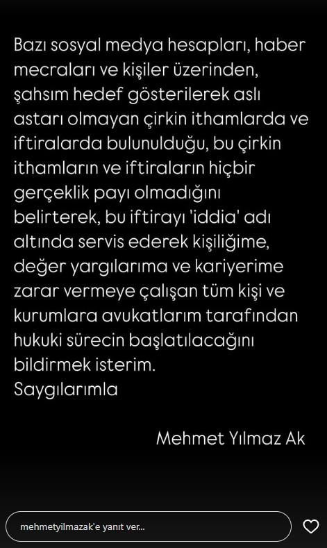 Response from Mehmet Yılmaz Ak to harassment allegations: Defamation and baseless