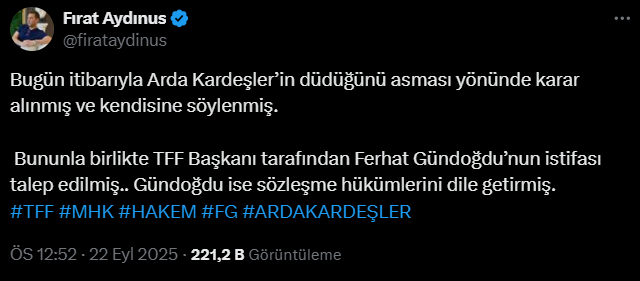 A bombshell claim from Fırat Aydınus regarding MHK President Ferhat Gündoğdu and Arda Kardeşler