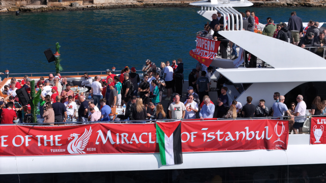 Unique moments in front of Galatasaray Island from Liverpool fans on a boat tour
