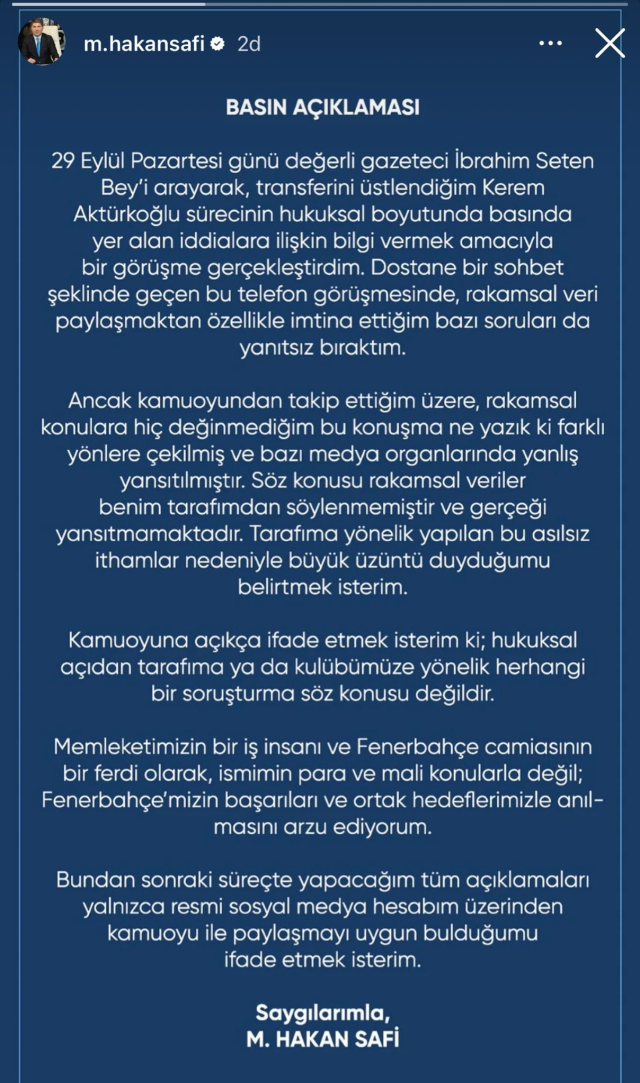 Statement from former Fenerbahçe executive Hakan Safi regarding Kerem Aktürkoğlu