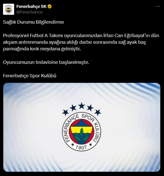 Out for weeks! Fenerbahçe's star's big toe is broken