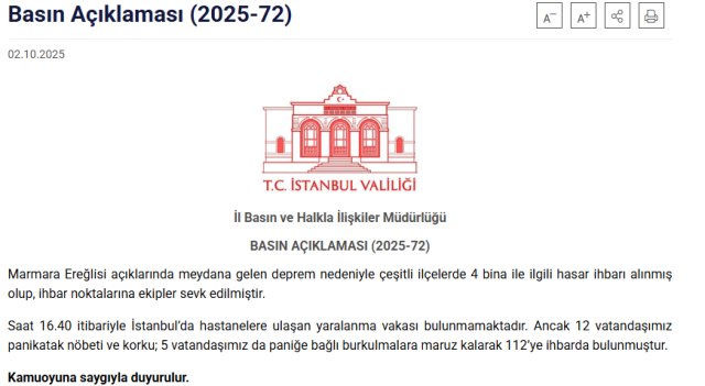 Istanbul Governor Gül: 17 people injured due to panic, no collapse