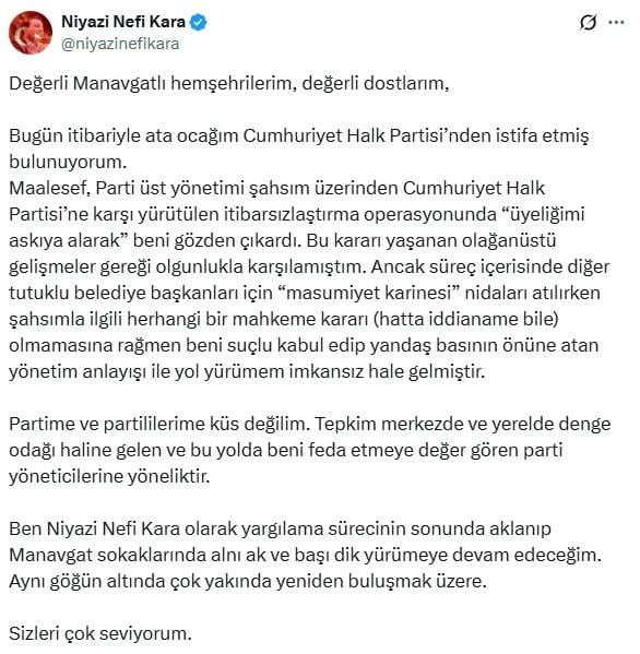 Arrested Manavgat Mayor Niyazi Nefi Kara has resigned from the CHP