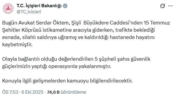 5 arrests in the assassination of Serdar Öktem