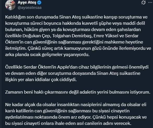 Ayşe Ateş's striking first comment after the attack on the key figure of the Sinan Ateş case