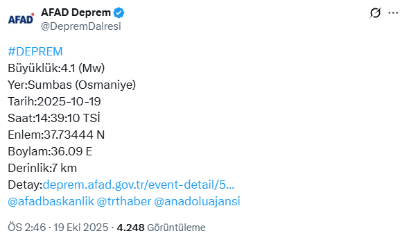 Earthquake measuring 4.1 in Osmaniye