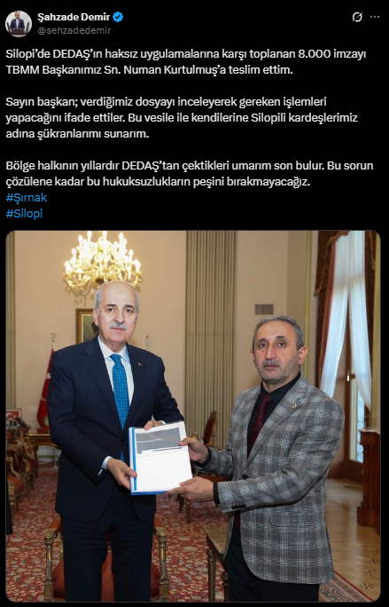 Demir from HÜDA PAR delivered the signatures collected against DEDAŞ to Kurtulmuş