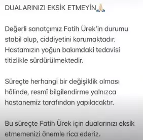 New statement from the manager of Fatih Ürek, who is fighting for his life in intensive care