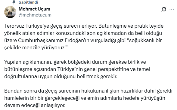 First comment from President Erdoğan's Chief Advisor Uçum on PKK's withdrawal decision