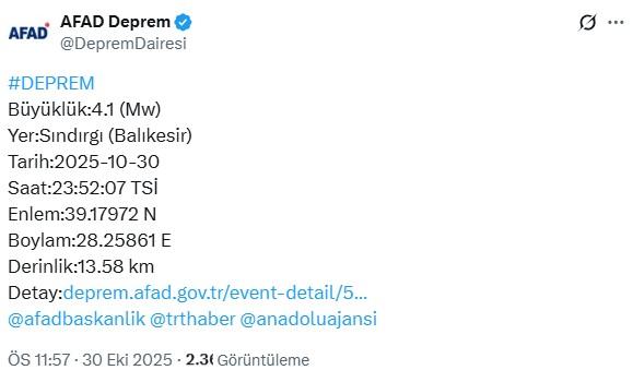 An earthquake with a magnitude of 4.1 in the Sındırgı district of Balıkesir
