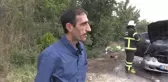 Memleketine giden gurbetçinin otomobili tamamen yandı