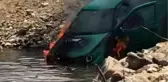 Alev alev yanan araç dere yatağına böyle düştü