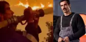 Oyuncu İbrahim Çelikkol termik santrale yaklaşan alevlerin içine hortumla daldı