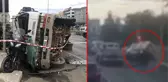 Silivri'de kum kamyonu polisin üzerine devrildi, kaza kameraya yansıdı